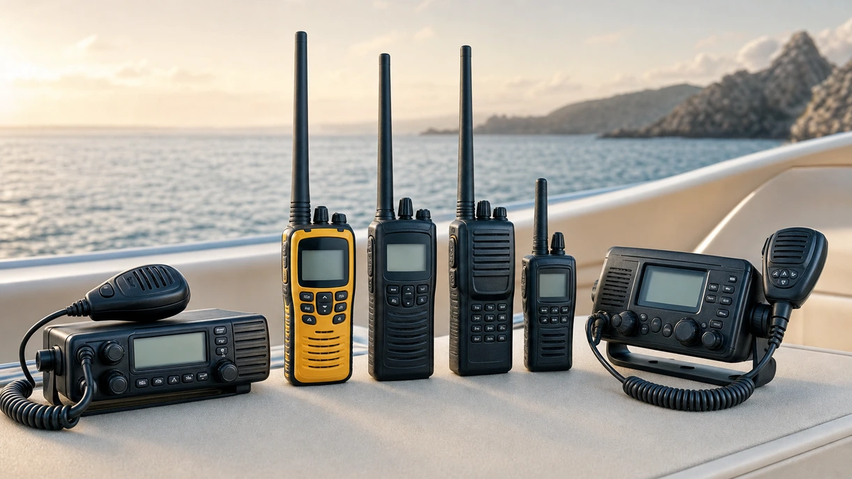 Профессиональный морской радиоприемник VHF, установленный на мостике коммерческого судна, отображающий активный мониторинг каналов навигации и сигналов бедствия ЦИВ.