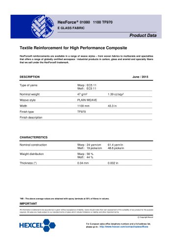 HexForce® 01080 1100 TF970 E GLASS FABRIC