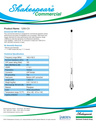 1200-CX-U V-Tronix VHF 3dB 1.2m F/G Antenna