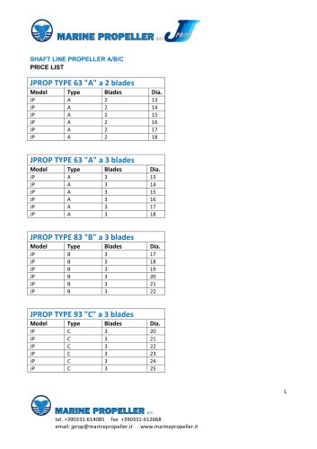 SHAFT LINE PROPELLER A/B/C PRICE LIST