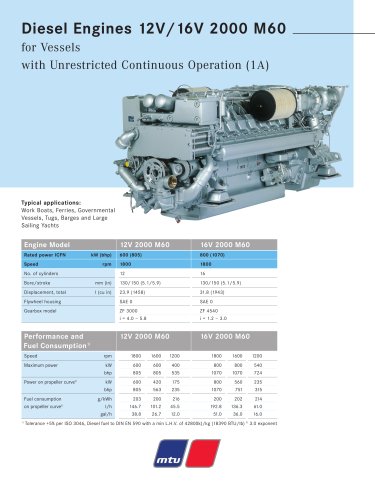 MTU Diesel Engines 12V/16V 2000 M60 for Vessels with Unrestricted Continuous Operation (1A)