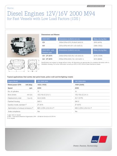 MTU Diesel Engines 12V/16V 2000 M94 for Fast Vessels with Low Load Factors (1DS)