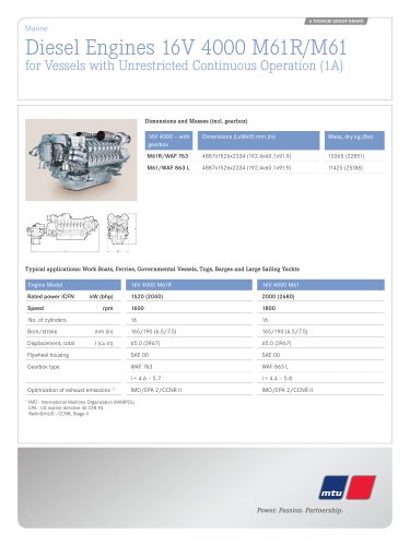 MTU Diesel Engines 16V 4000 M61R/M61 for Vessels with Unrestricted Continuous Operation (1A)