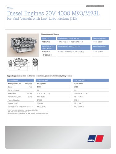 MTU Diesel Engines 20V 4000 M93/M93L for Fast Vessels with Low Load Factors (1DS)