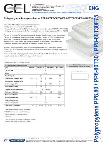 Polypropylene honeycomb core PP8.80/PP8-80T30/PP8-80T30F75/PP8-120T30