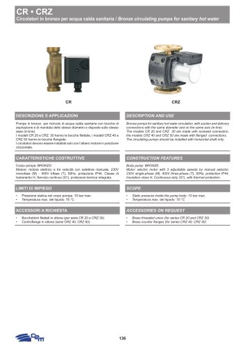 BRONZE CIRCULATING PUMPS FOR SANITARY HOT WATER CR &bull; CRZ