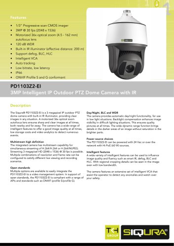 PD1103Z2-EI - 3MP PTZ dome IP networked camera with 36x zoom and IR for outdoor